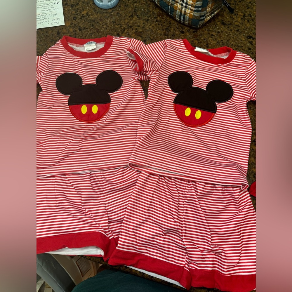 2 Mickey Mouse sets. 24 months fits 2T. Work once.
